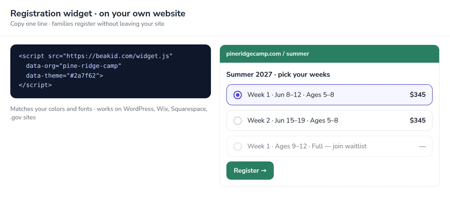 Registration widget: one script tag, and the enrollment flow appears on your own website